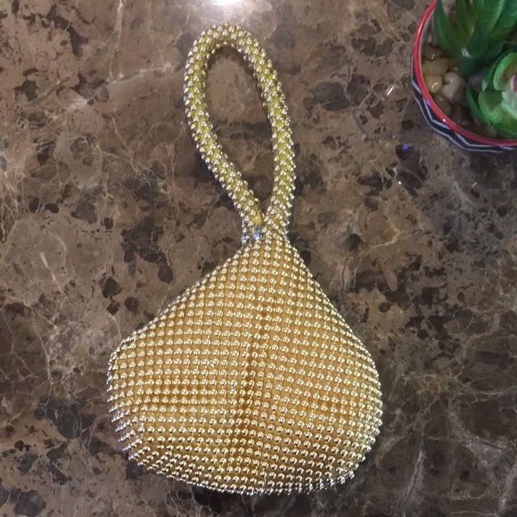 Gold Bead Mesh Sparkle Evening Bag Party Pouch Wristlet - Picture 2 of 12